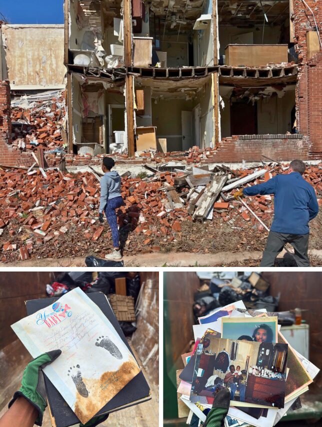 A collage showing two people surveying a collapsed brick building, alongside close-ups of a gloved hand rescuing personal keepsakes like baby footprints and family photos from the debris.