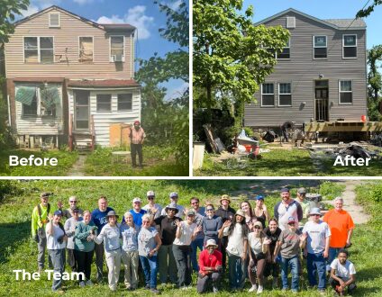 A three-part collage shows a "Before" photo of a dilapidated house, an "After" photo of the newly renovated home with fresh siding and a deck, and a bottom photo labeled "The Team" featuring a large group of waving volunteers.